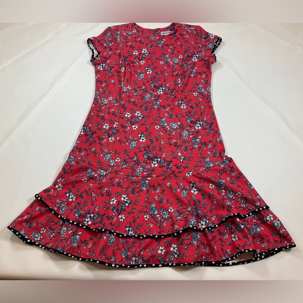 Shelby & Palmer red Floral ruffled hem Dress, polka dot trim detail 14 (bin P)